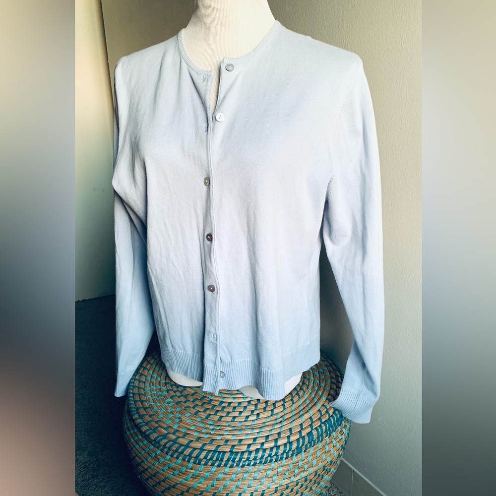 Lands End Baby Blue women's Crewneck Button Cardigan L 14-16